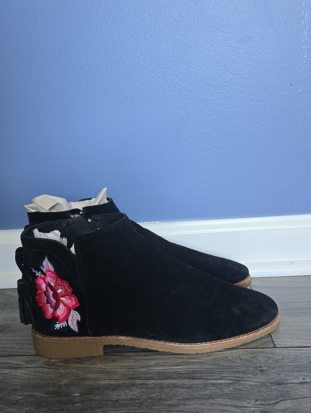 Black Suede Ankle Boots with Pink Floral Embroidery